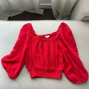 Michael Stars Red Cotton Gauze Crop Square Neck Flowy 3/4 Sleeve Bell Sleeve Top